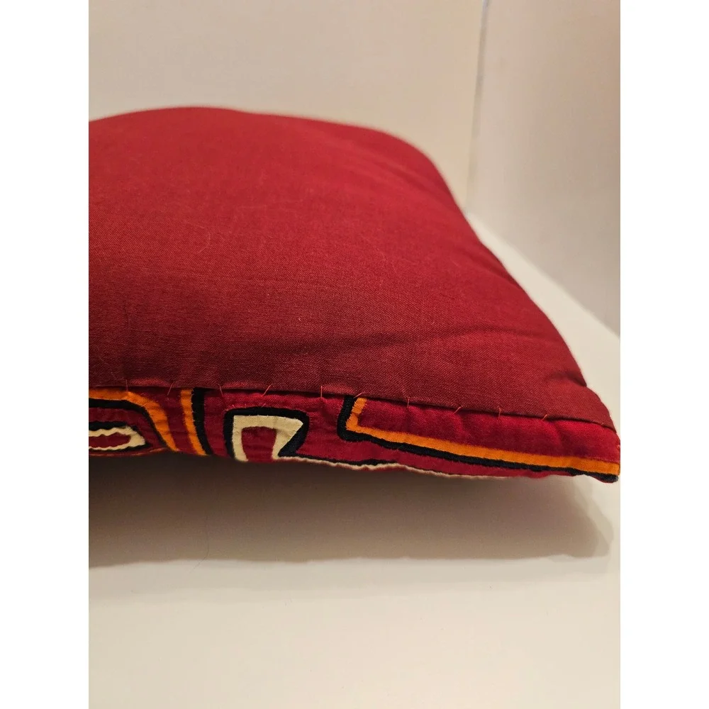Handmade Kuna Indian Mola Pillow Red Geometric‎ Folk Art Panama 16x13